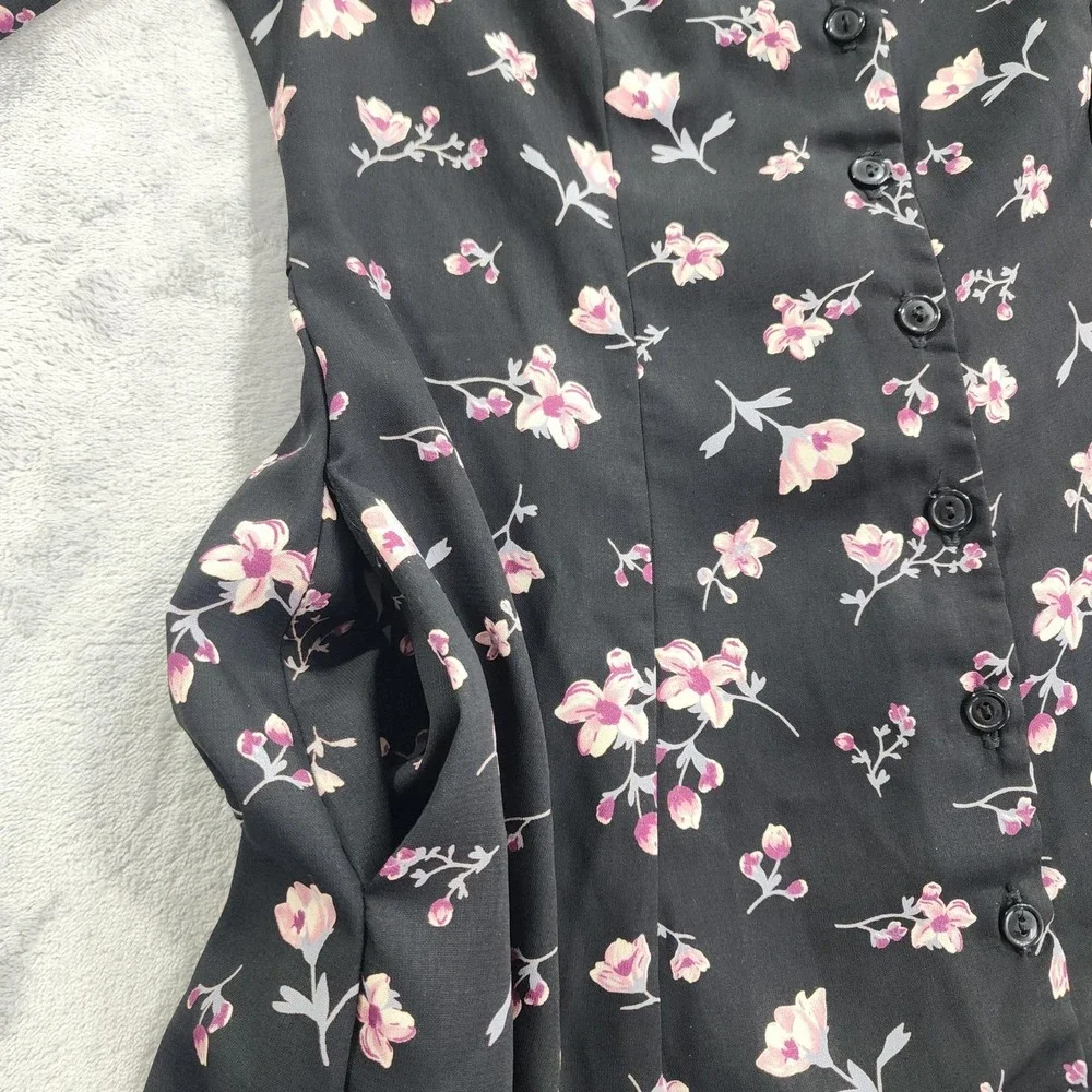 Lulus Dress Womens S Black Floral Button Front Belted Fit & Flare Mini Ruffled